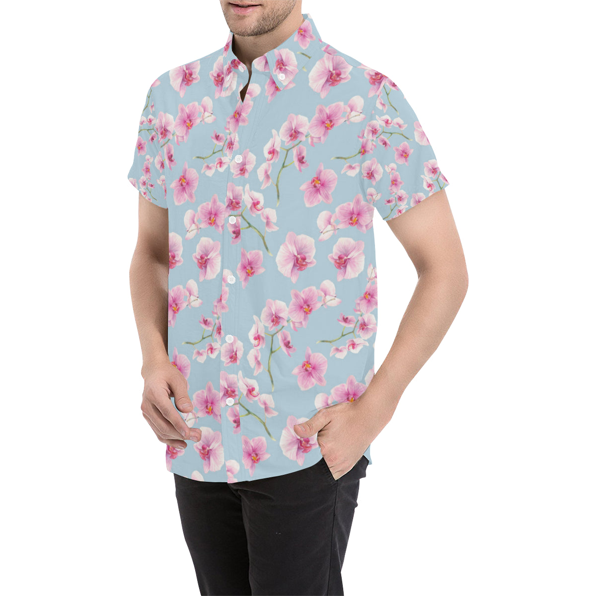 Orchid Pattern Print Design A01 Men's Short Sleeve Button Up Shirt