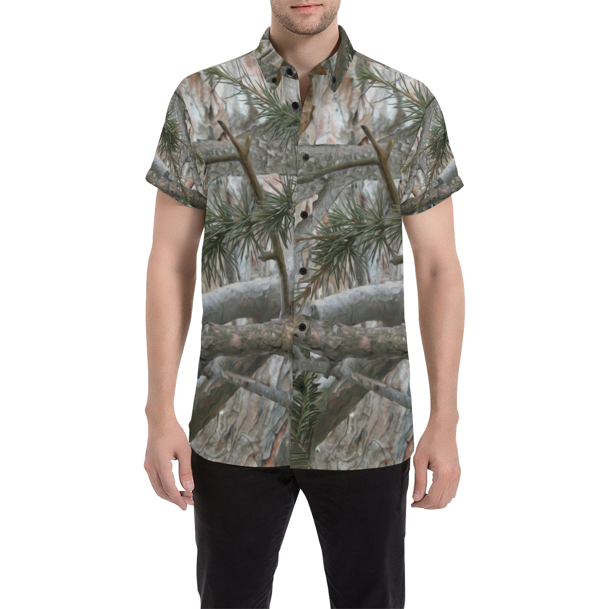 Camo Realistic Tree Forest Pattern Men's Short Sleeve Button Up Shirt