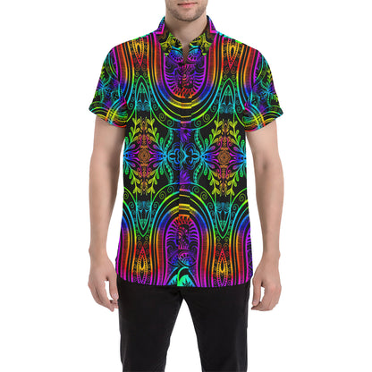 Neon Trible Rainbow Pattern Print Design A01 Men's Short Sleeve Button Up Shirt