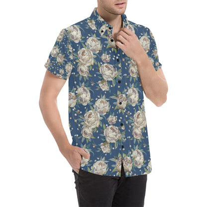 Peony Pattern Print Design A03 Men's Short Sleeve Button Up Shirt