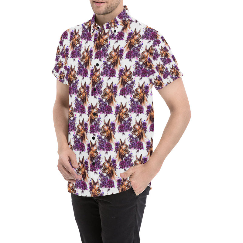 Chihuahua Purple Floral Men's Short Sleeve Button Up Shirt