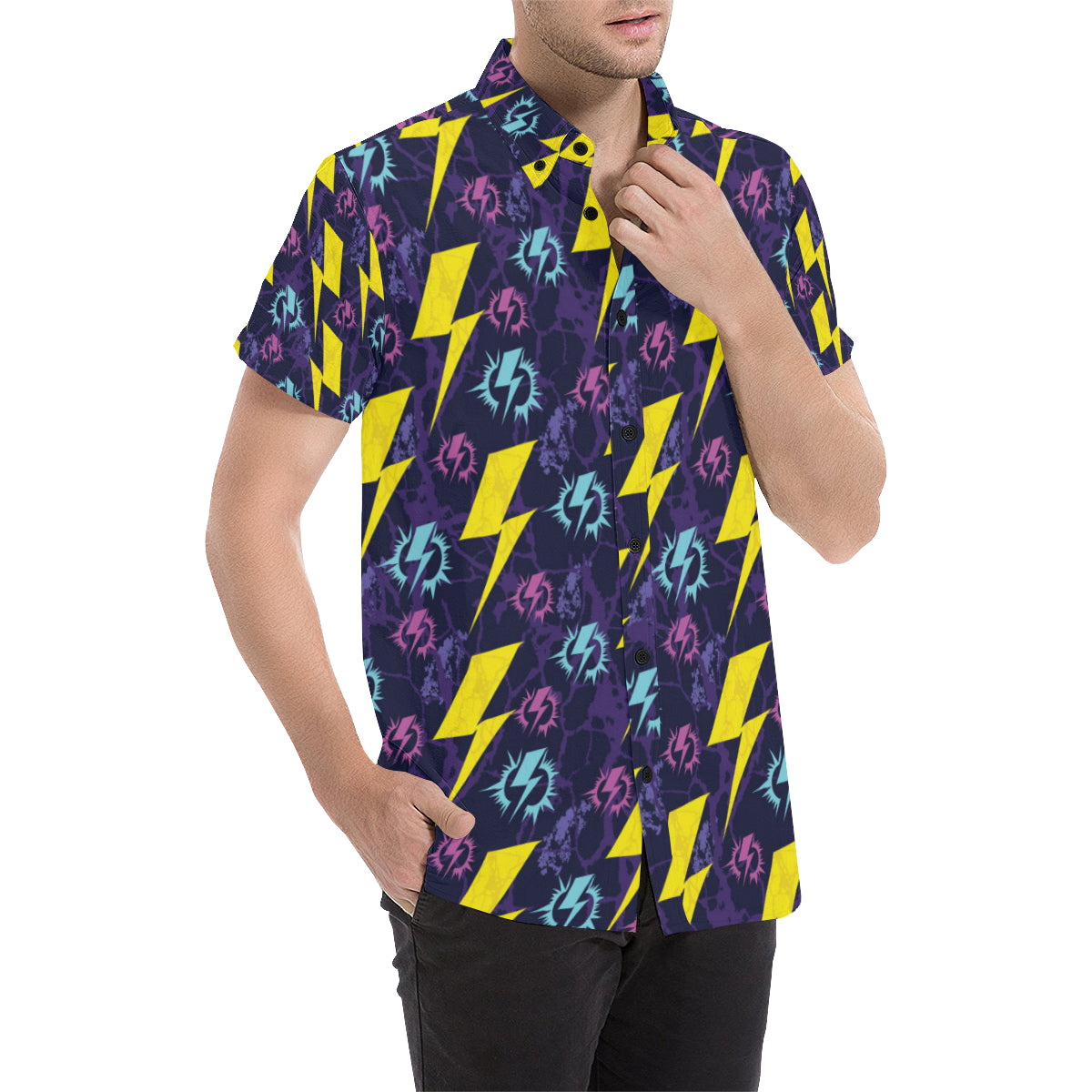 Lightning Thunder Pattern Print Design 01 Men's Short Sleeve Button Up Shirt