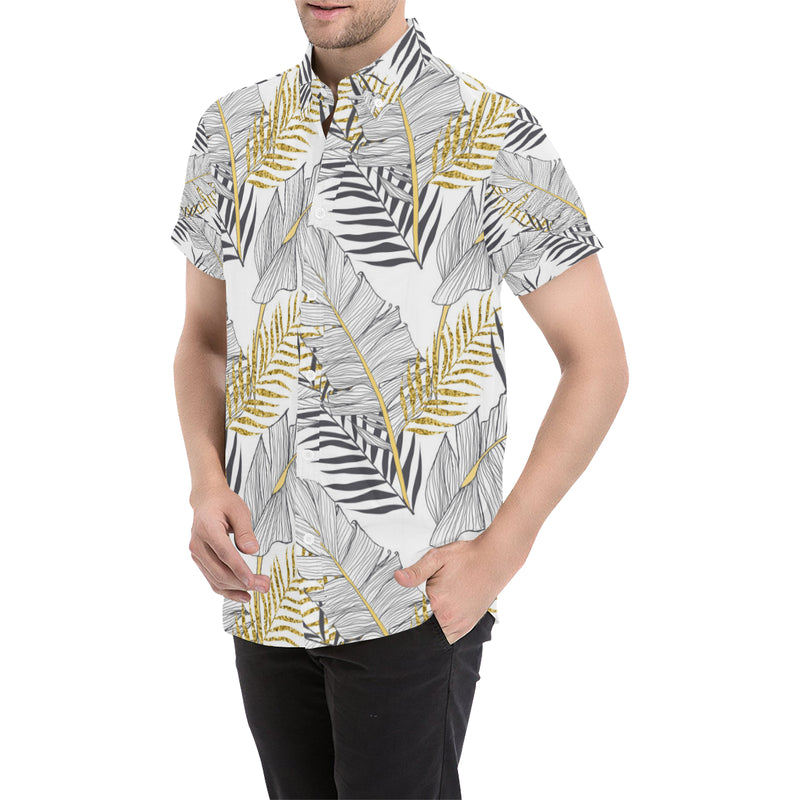 Gold Glitter Tropical Palm Leaves Men's Short Sleeve Button Up Shirt