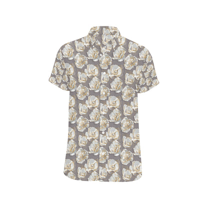 Elegant Grey Flower Print Men's Short Sleeve Button Up Shirt