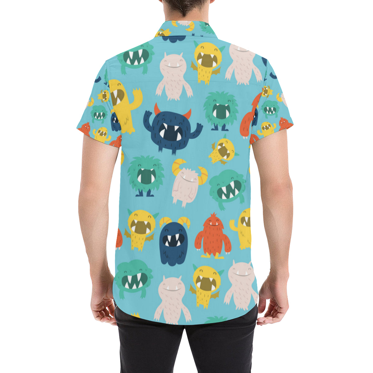Monster Cartoon Pattern Print Design 03 Men's Short Sleeve Button Up Shirt