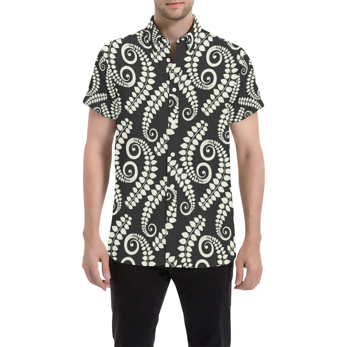 Fern Leave Print Pattern Men's Short Sleeve Button Up Shirt