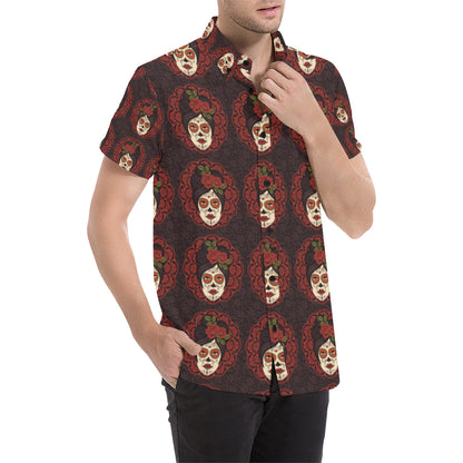 Day of the Dead Mexican Girl Men's Short Sleeve Button Up Shirt