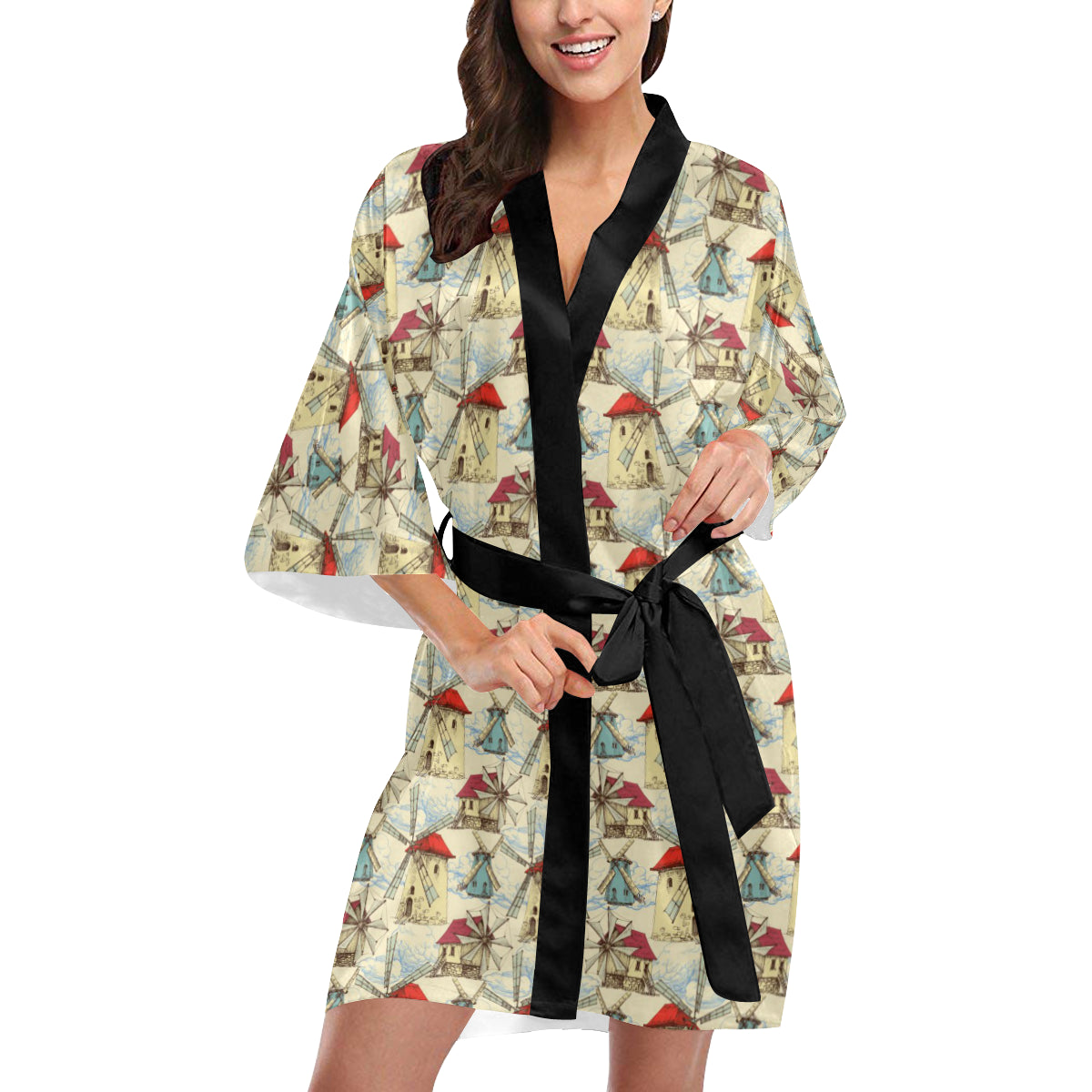 Windmill Pattern Print Design 01 Women's Short Kimono