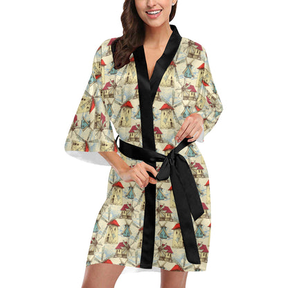 Windmill Pattern Print Design 01 Women's Short Kimono
