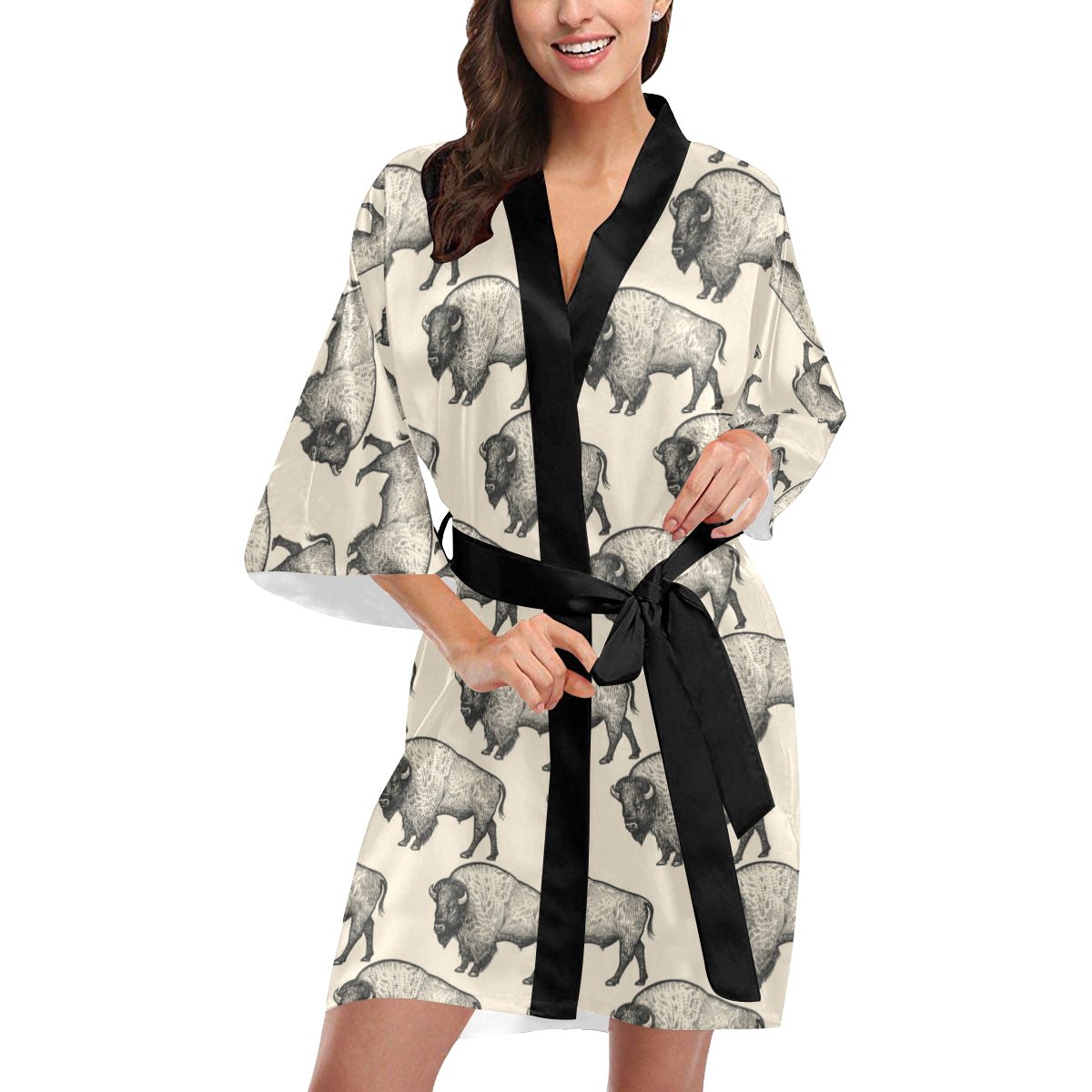 Bison Pattern Print Design 02 Women's Short Kimono