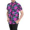 Neon Pink Hibiscus Pattern Print Design HB015 Men's Short Sleeve Button Up Shirt