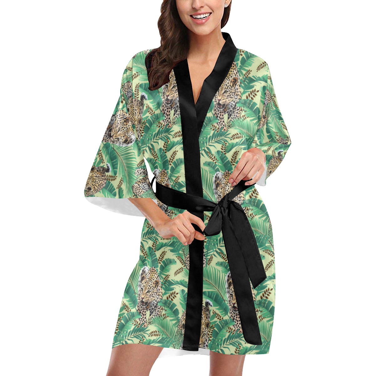 Leopard Pattern Print Design 03 Women's Short Kimono