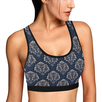 Damask Blue Luxury Print Pattern Sports Bra