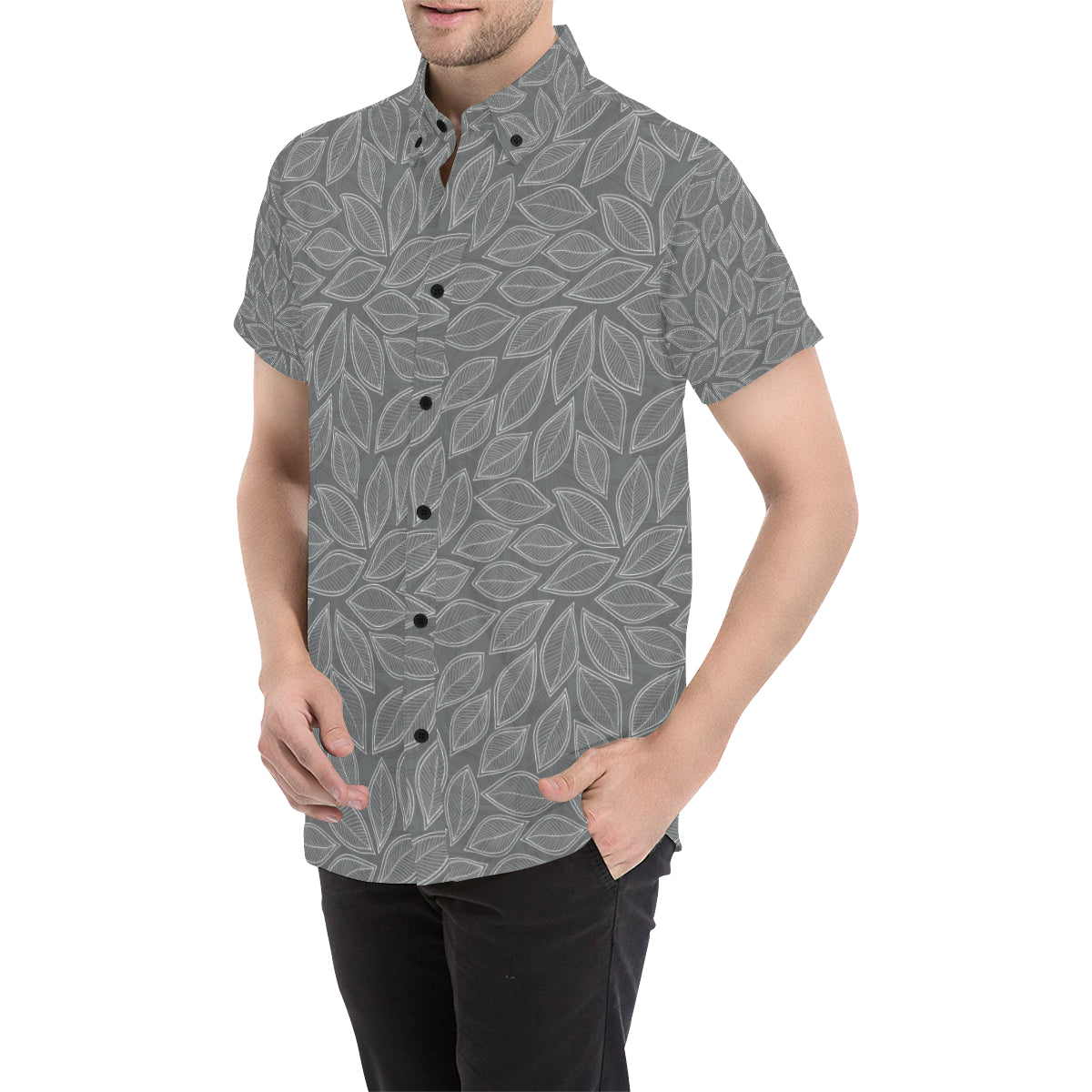 Elm Leave Grey Print Pattern Men's Short Sleeve Button Up Shirt