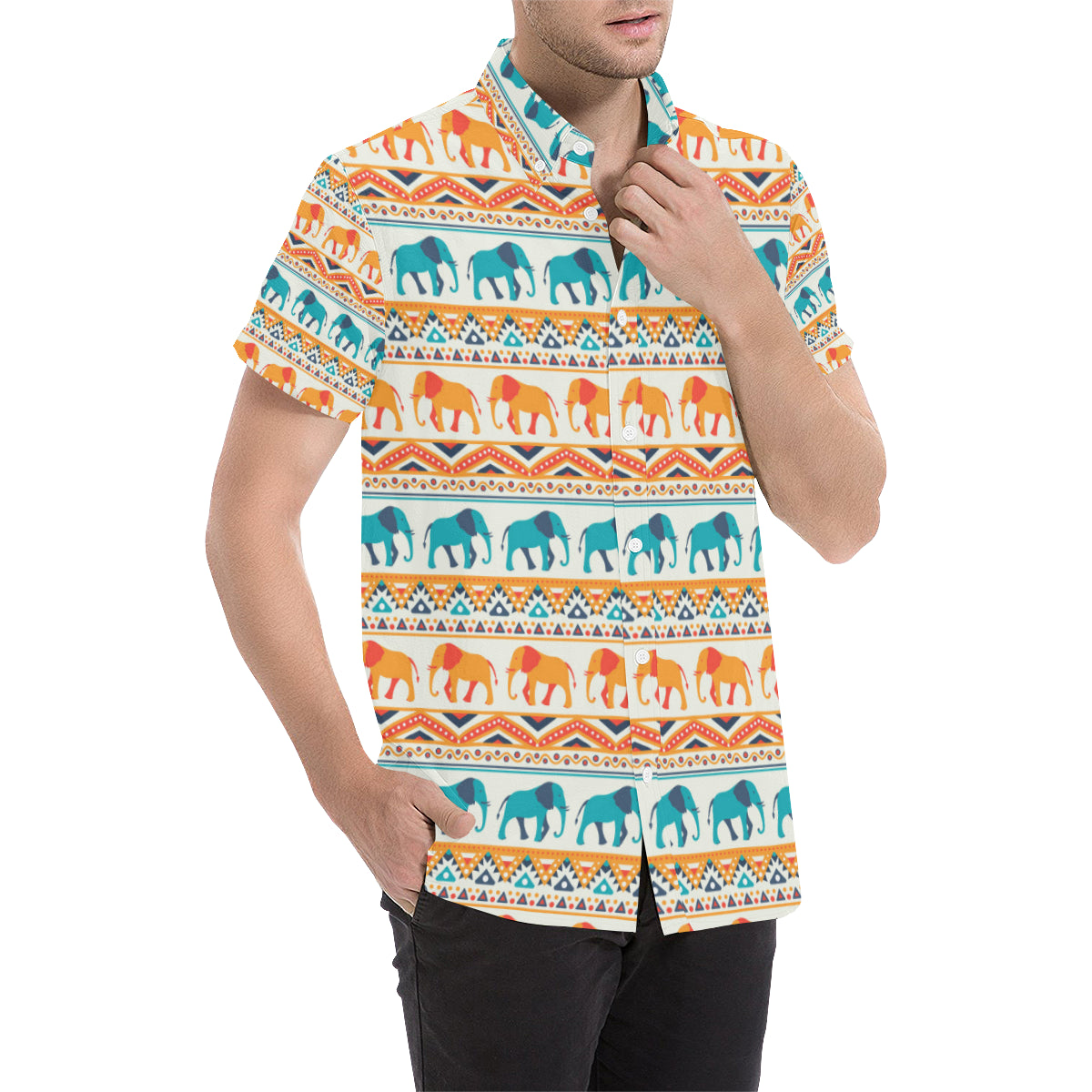 Elephant Aztec Ethnic Print Pattern Men's Short Sleeve Button Up Shirt