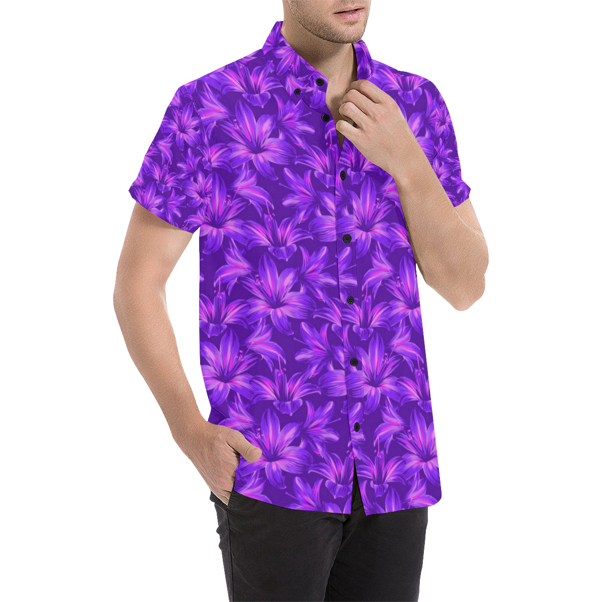 Amaryllis Pattern Print Design AL03 Men's Short Sleeve Button Up Shirt
