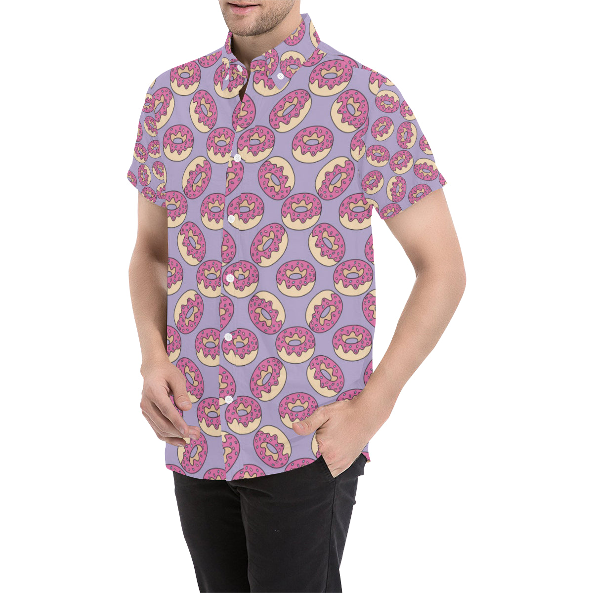 Donut Pattern Print Design DN015 Men's Short Sleeve Button Up Shirt