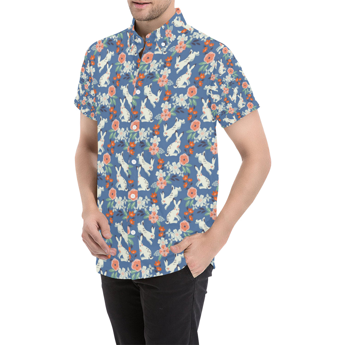 Bunny Pattern Print Design 07 Men's Short Sleeve Button Up Shirt