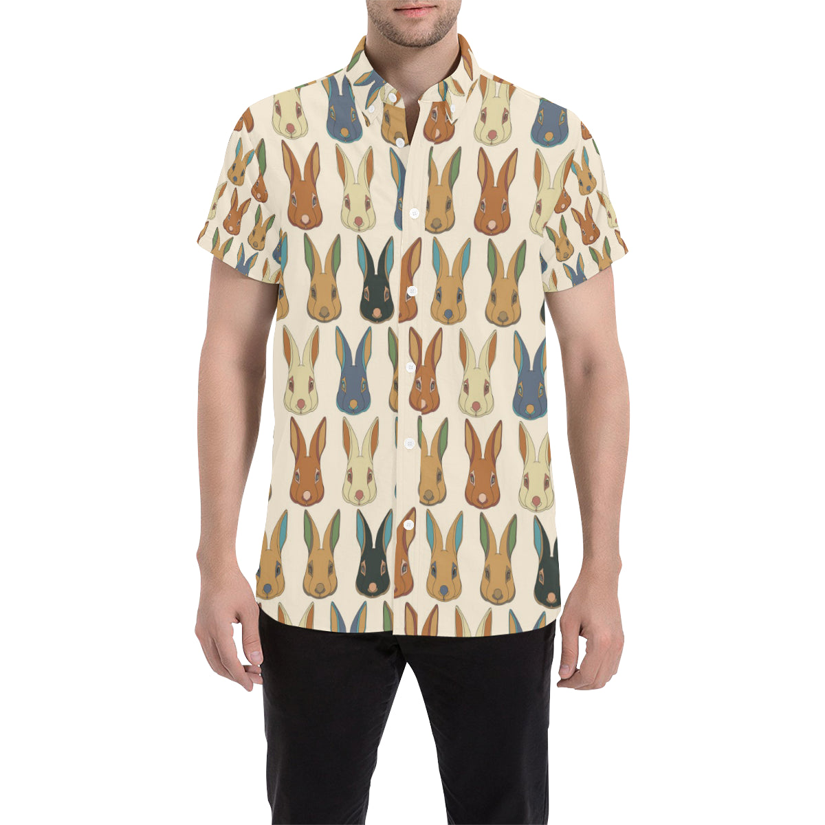 Rabbit Pattern Print Design RB04 Men's Short Sleeve Button Up Shirt