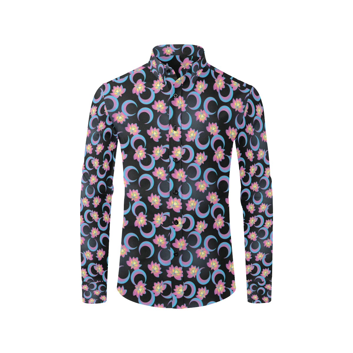 Lotus with Moon Pink Print Themed Men's Long Sleeve Shirt