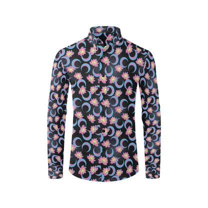 Lotus with Moon Pink Print Themed Men's Long Sleeve Shirt