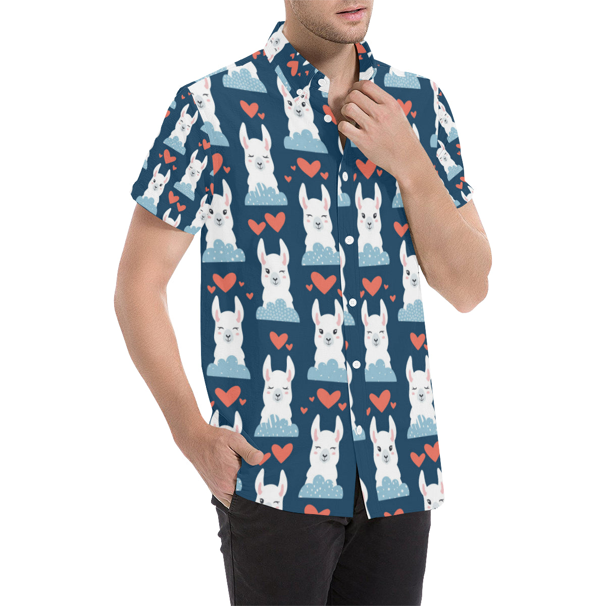 Alpaca Love Pattern Print Design 05 Men's Short Sleeve Button Up Shirt