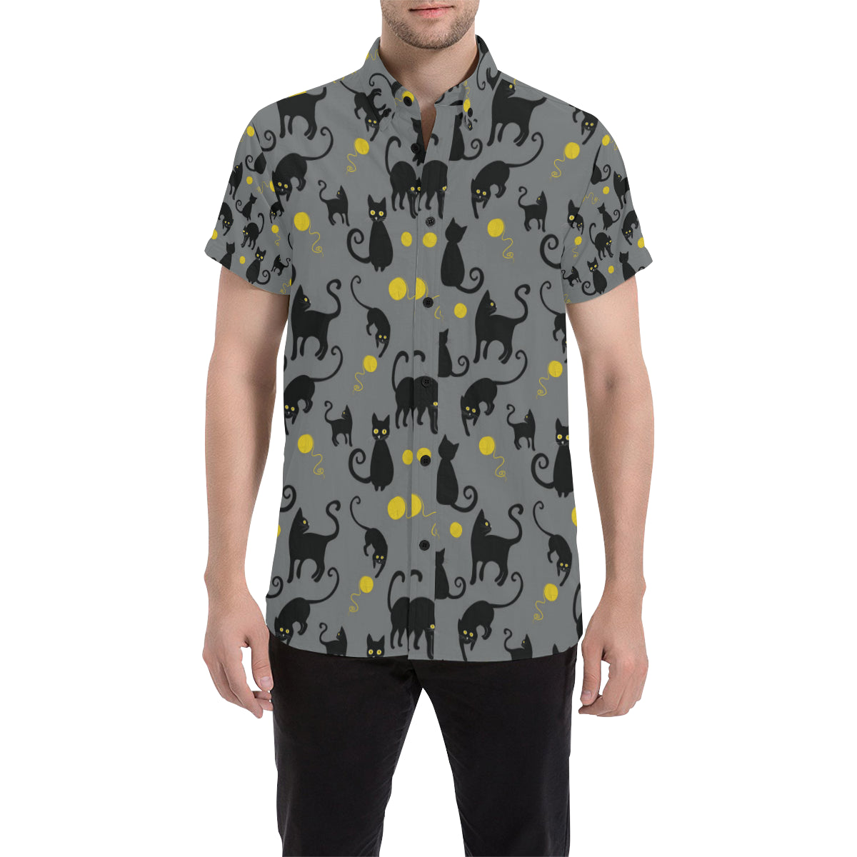 Black Cat Yellow Yarn Print Pattern Men's Short Sleeve Button Up Shirt