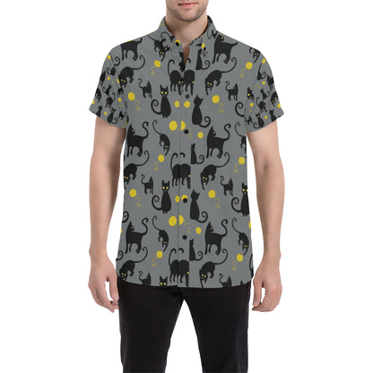 Black Cat Yellow Yarn Print Pattern Men's Short Sleeve Button Up Shirt