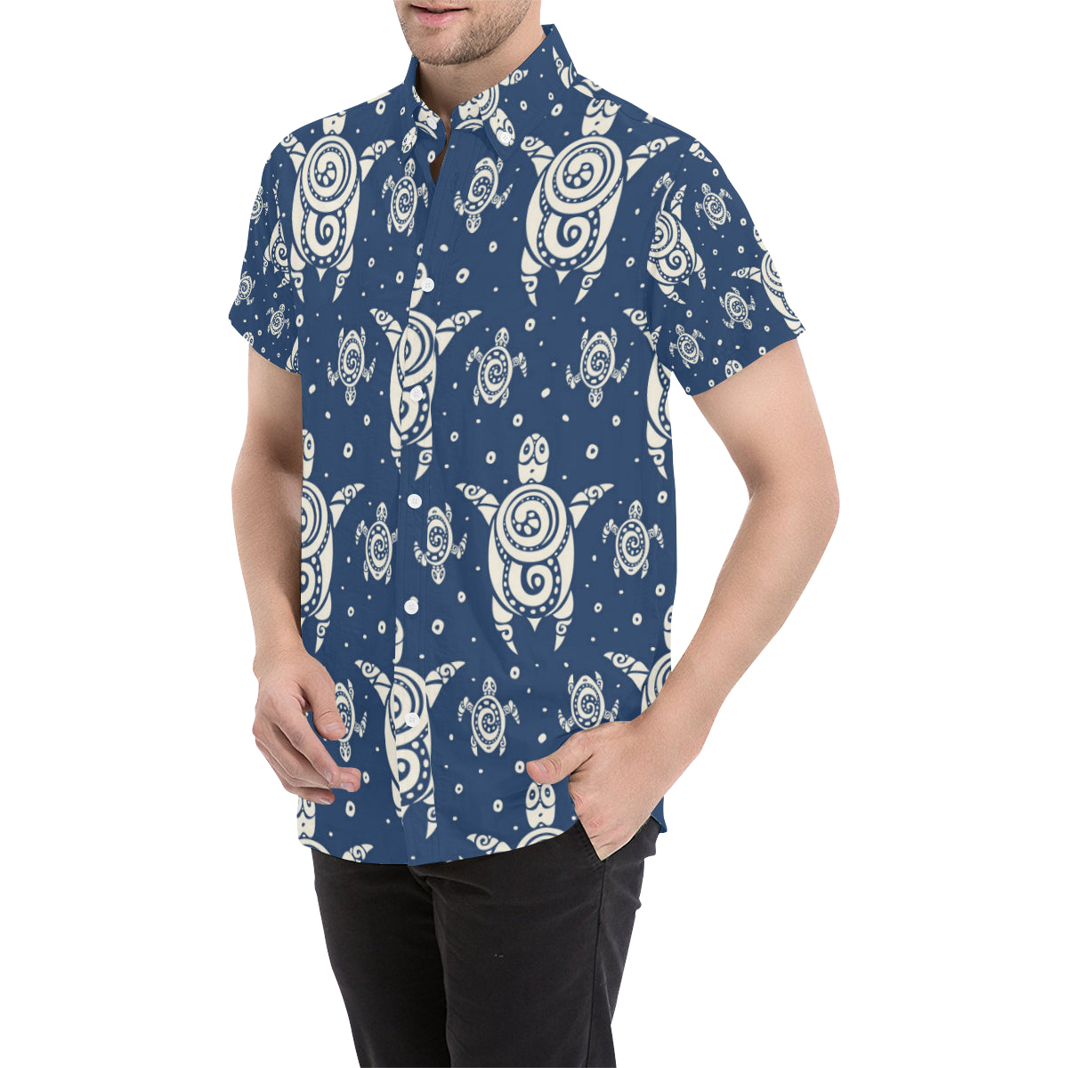 Sea Turtle Tribal Men's Short Sleeve Button Up Shirt