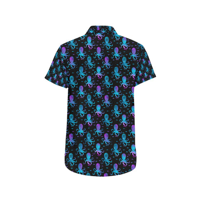 Octopus Blue Design Print Themed Men's Short Sleeve Button Up Shirt