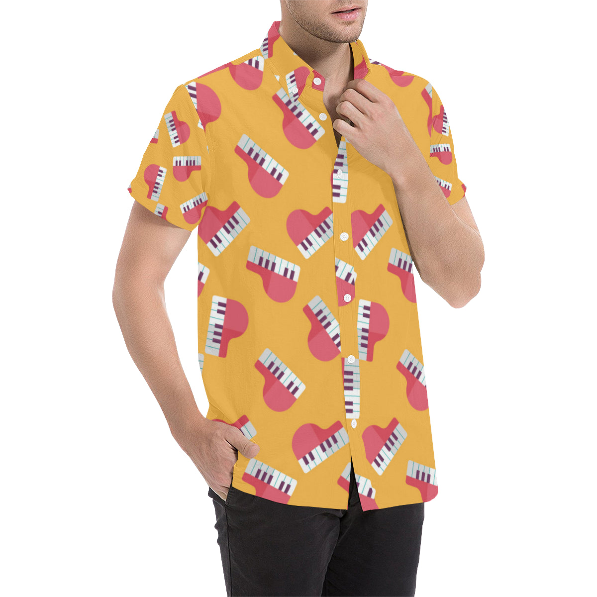 Piano Pattern Print Design 02 Men's Short Sleeve Button Up Shirt