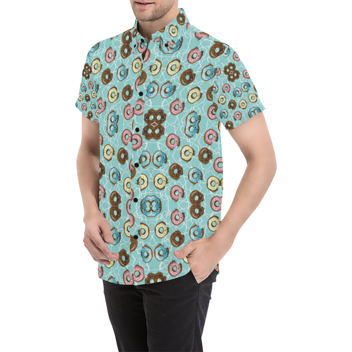 Emoji Donut Print Pattern Men's Short Sleeve Button Up Shirt