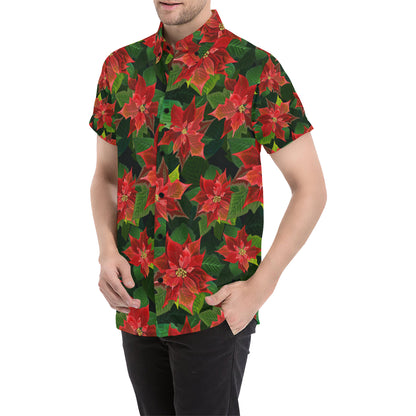 Poinsettia Pattern Print Design POT04 Men's Short Sleeve Button Up Shirt