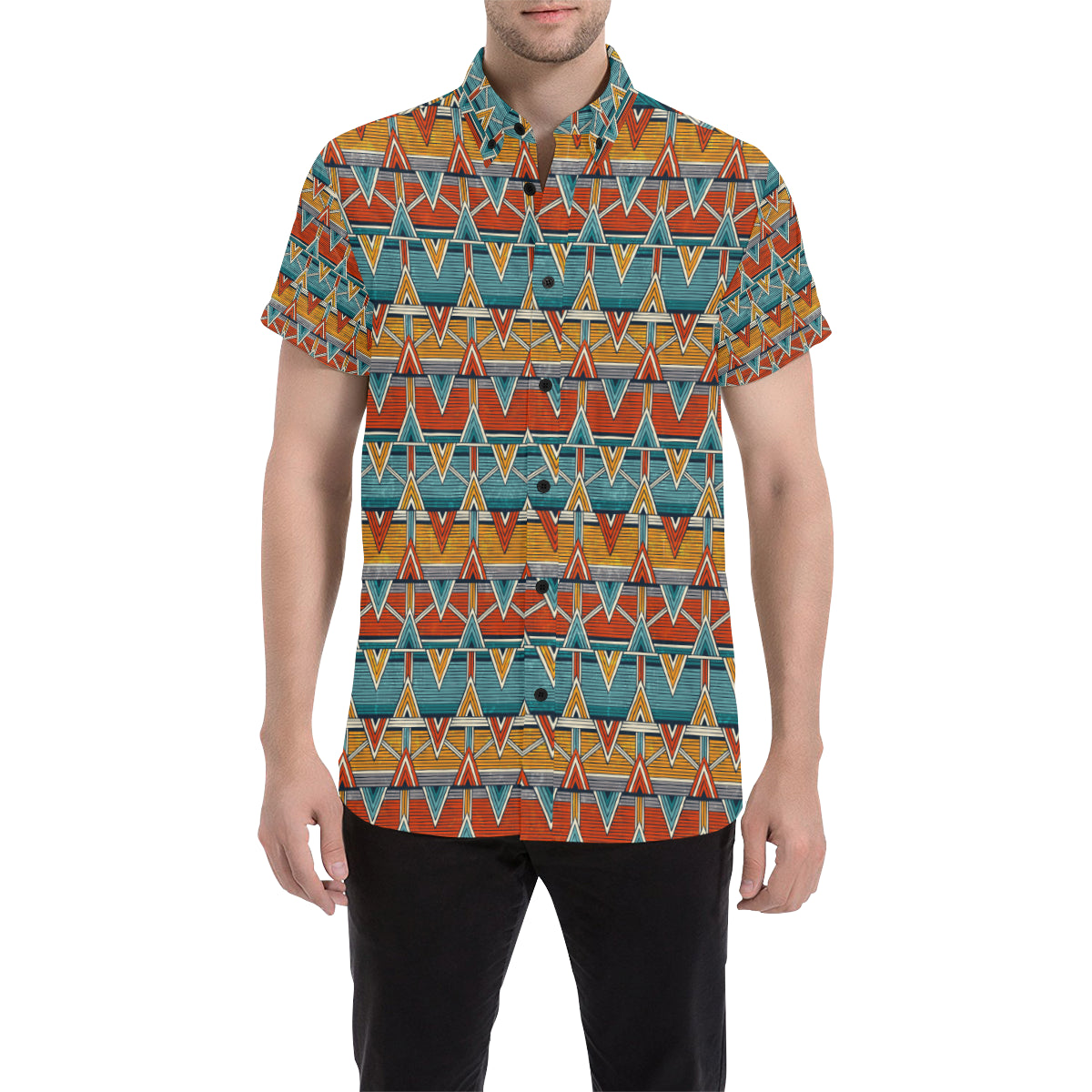 Kente Print African Design Themed Men's Short Sleeve Button Up Shirt
