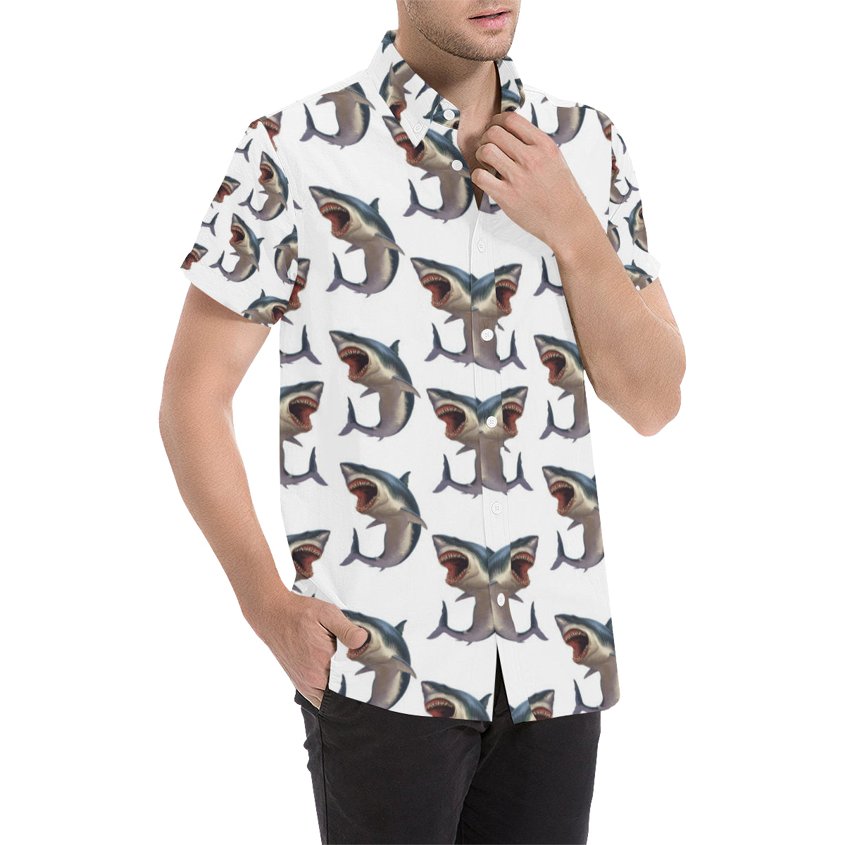 Great White Shark Pattern Print Design 03 Men's Short Sleeve Button Up Shirt