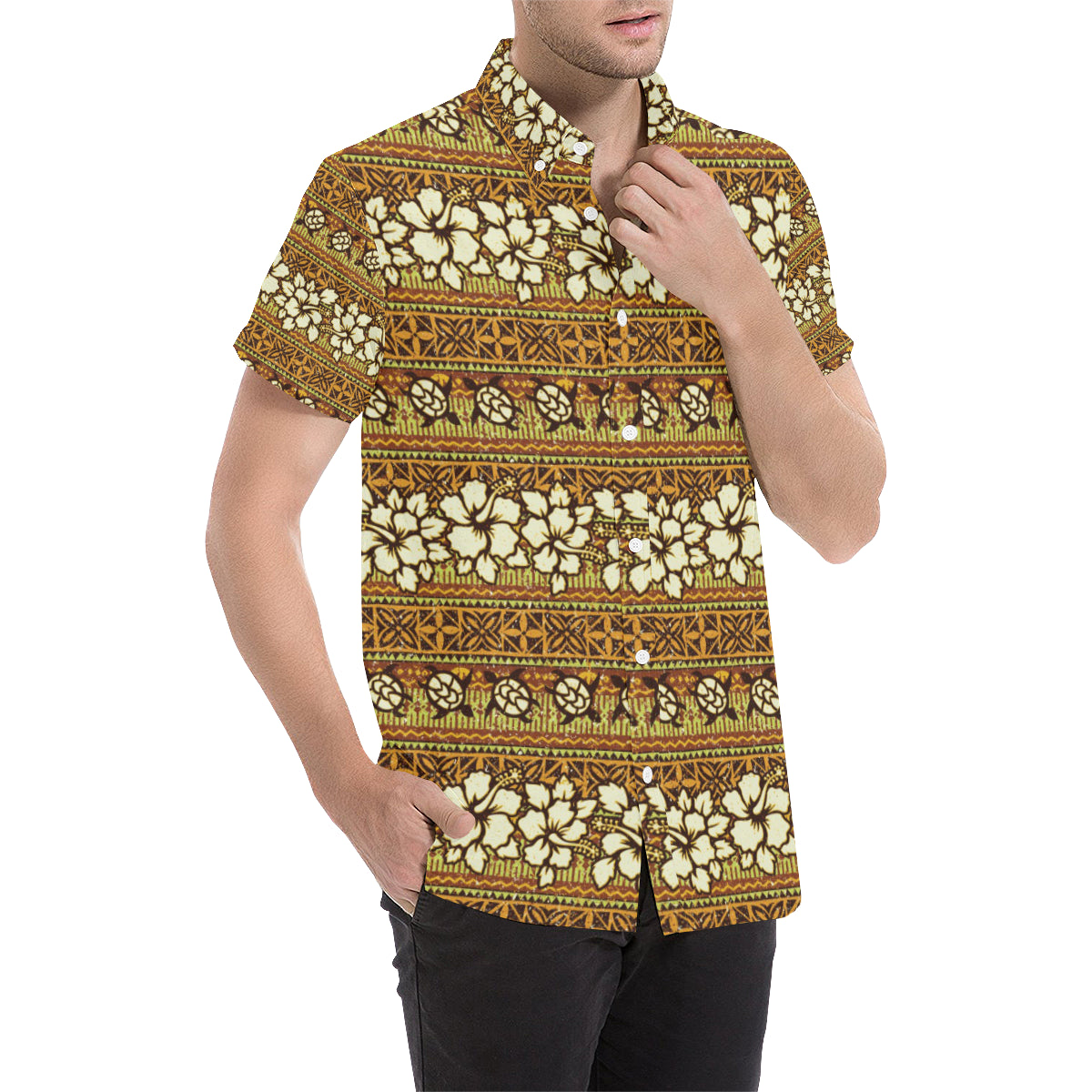 Hawaiian Themed Pattern Print Design H015 Men's Short Sleeve Button Up Shirt