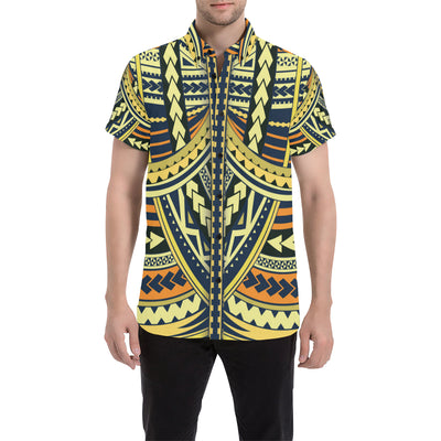 Polynesian Tattoo Print Men's Short Sleeve Button Up Shirt