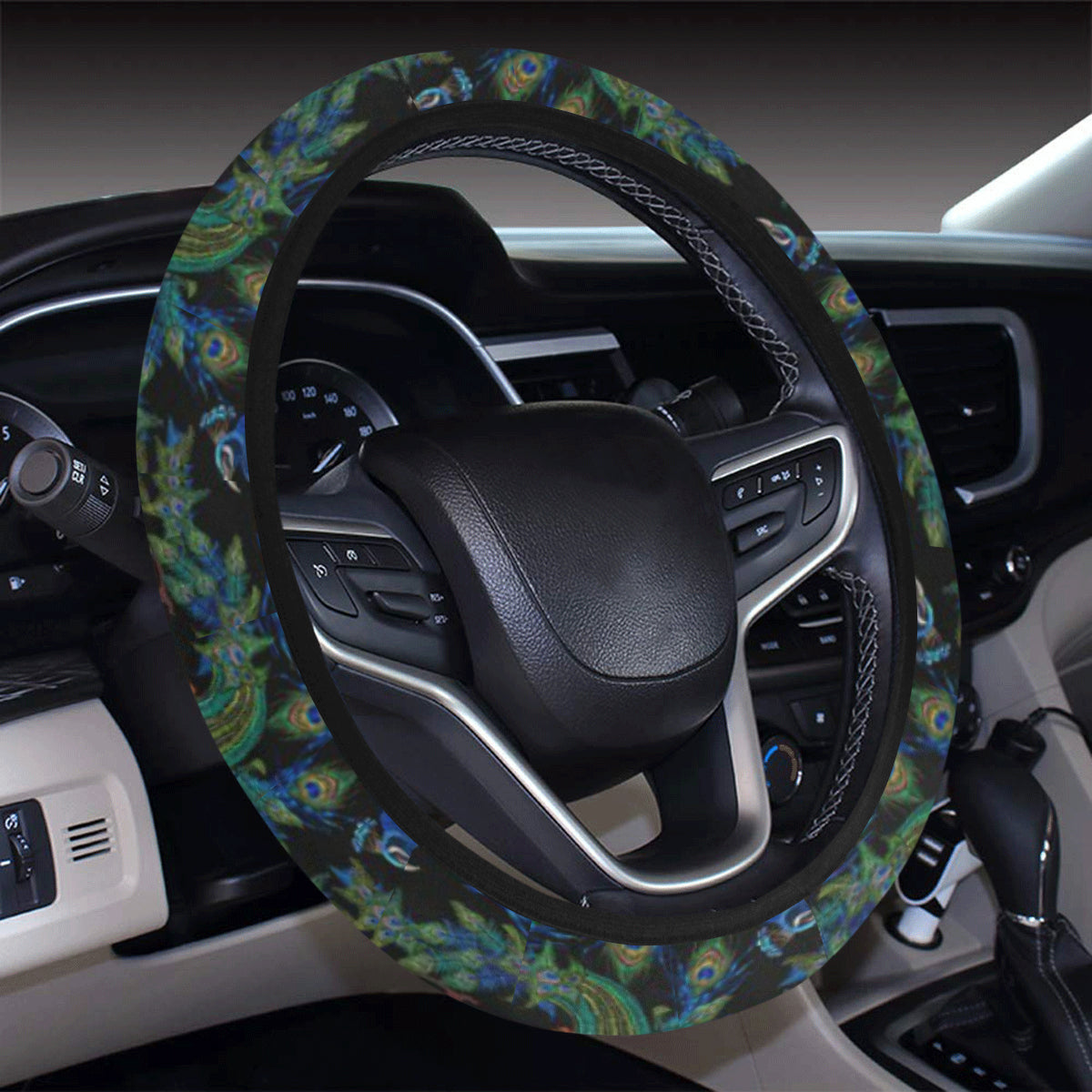 Peacock Themed Design Print Steering Wheel Cover with Elastic Edge