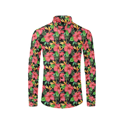 Red Hibiscus Pattern Print Design HB07 Men's Long Sleeve Shirt