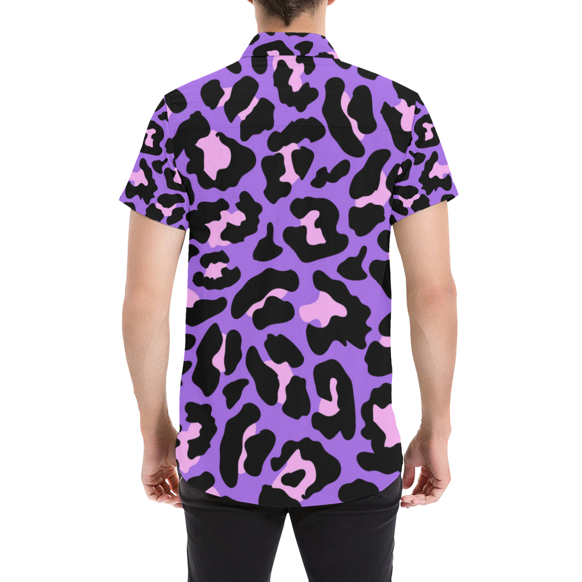 Cheetah Purple Neon Print Pattern Men's Short Sleeve Button Up Shirt