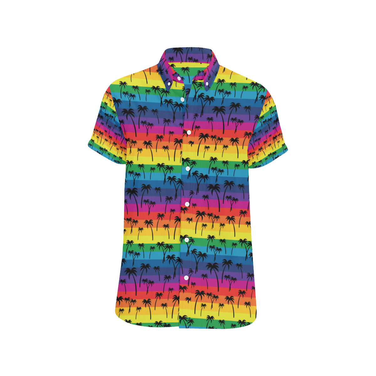 Palm Tree Rainbow Themed Print Men's Short Sleeve Button Up Shirt