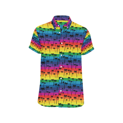 Palm Tree Rainbow Themed Print Men's Short Sleeve Button Up Shirt