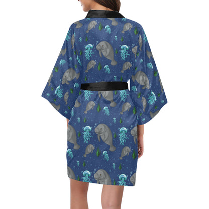 Manatee Pattern Print Design 01 Women's Short Kimono