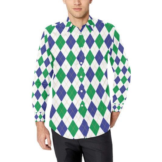 Argyle Green Blue Pattern Print Design 03 Men's Long Sleeve Shirt