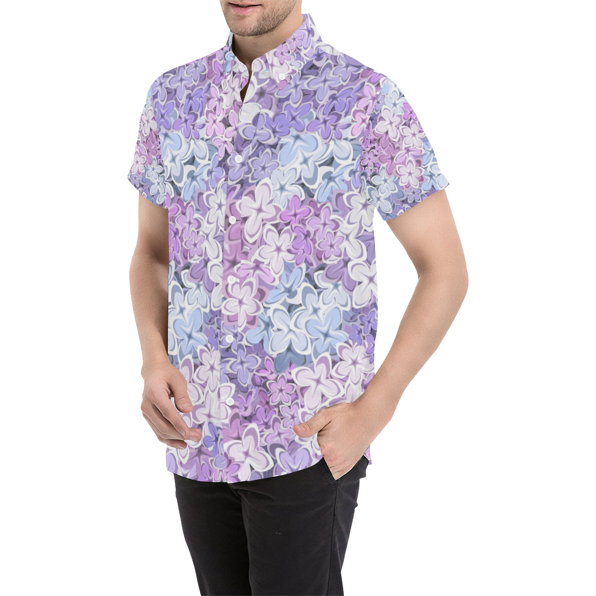 Lilac Pattern Print Design LI01 Men's Short Sleeve Button Up Shirt