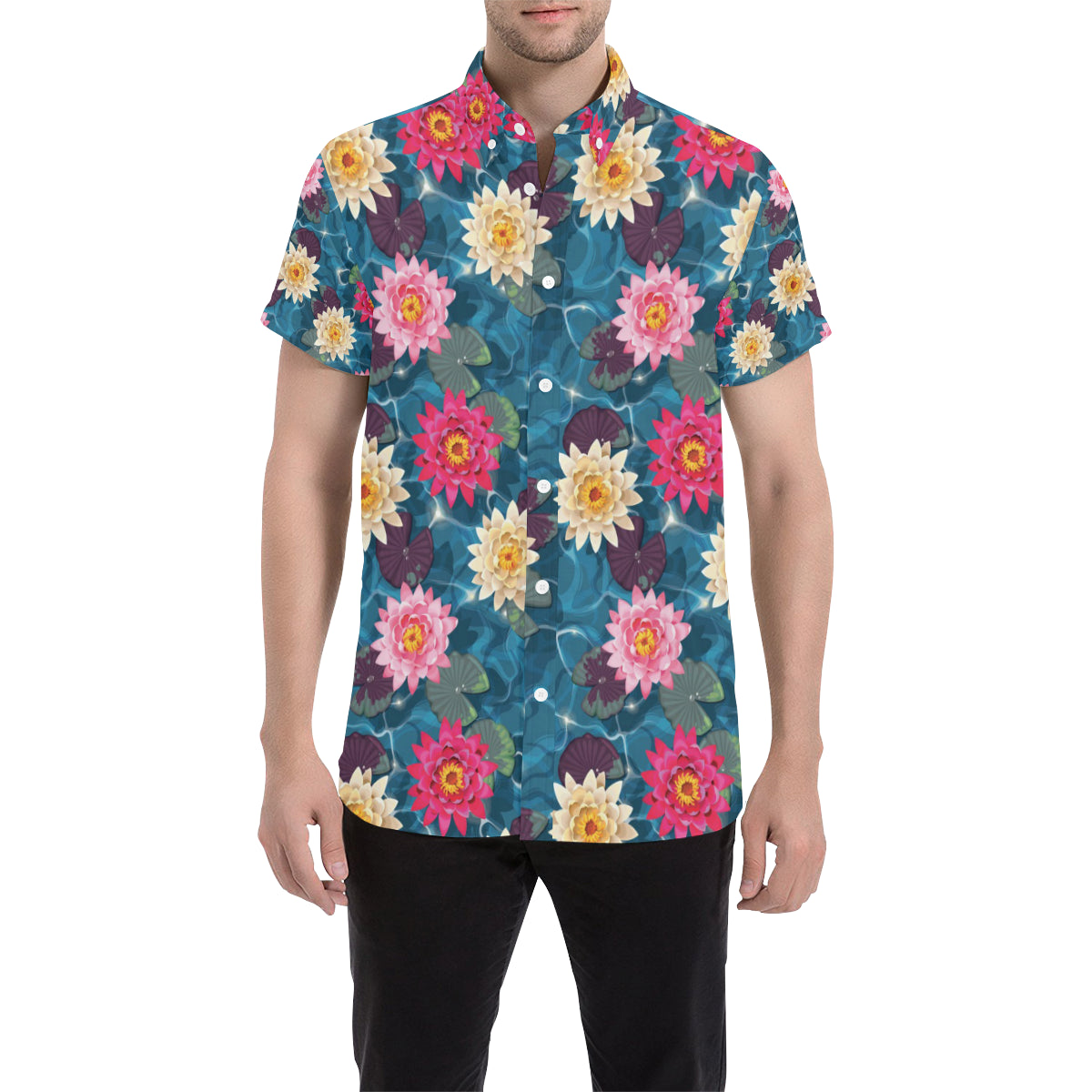 Water Lily Pattern Print Design WL05 Men's Short Sleeve Button Up Shirt