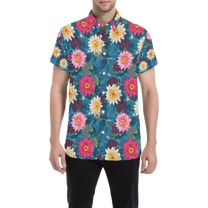 Water Lily Pattern Print Design WL05 Men's Short Sleeve Button Up Shirt
