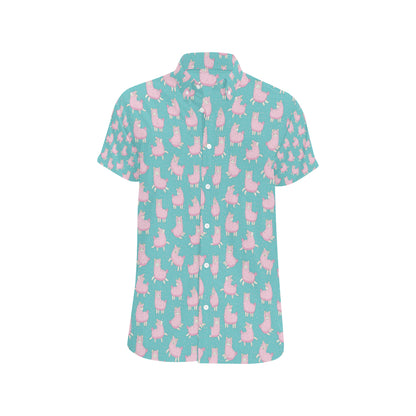 Alpaca Cartoon Design Themed Print Men's Short Sleeve Button Up Shirt