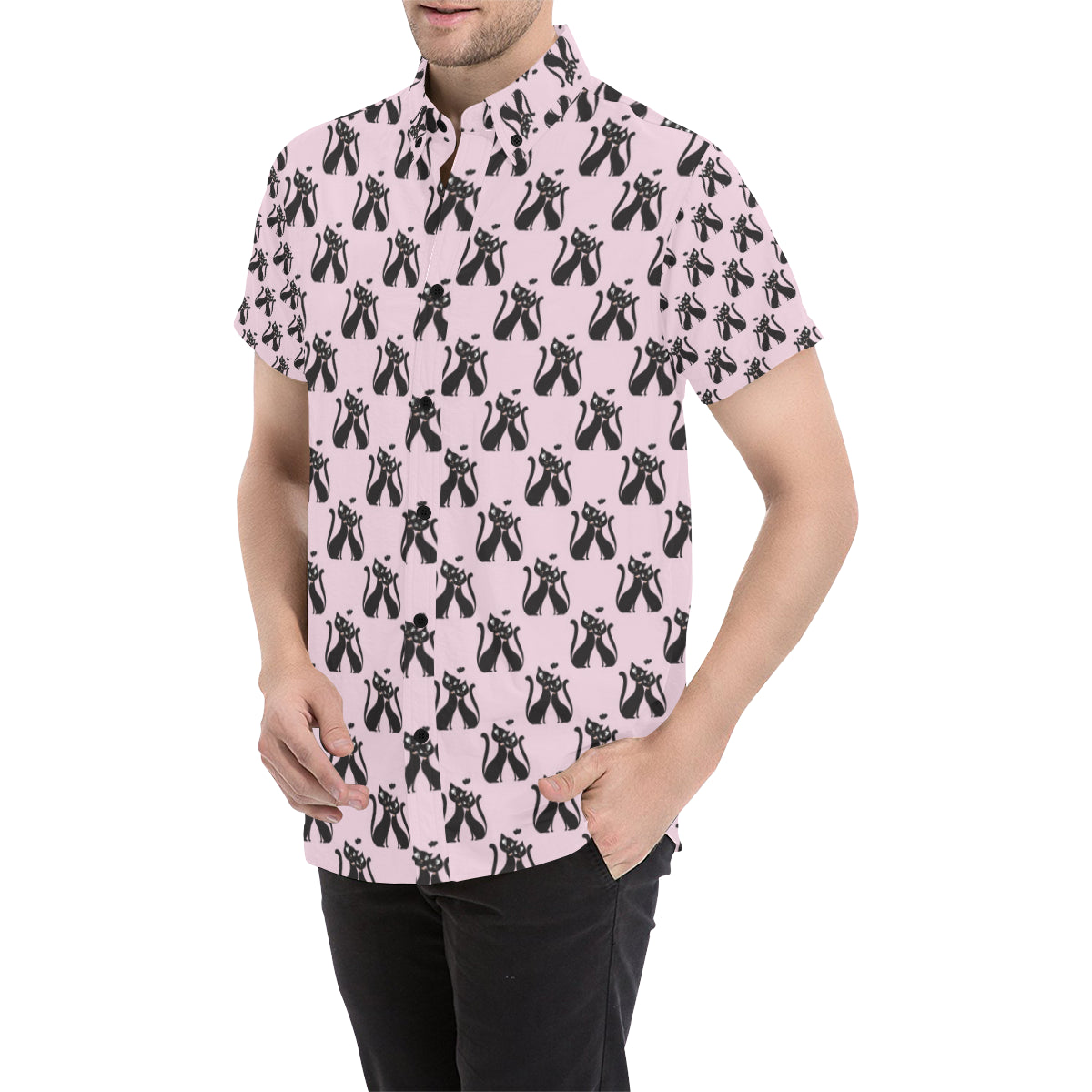 Black Cat Pattern Print Design 01 Men's Short Sleeve Button Up Shirt