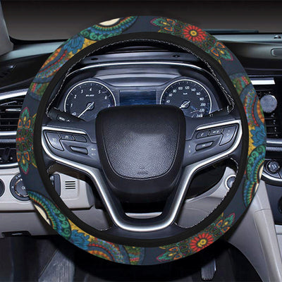 Owl Boho Style Pattern Print Design A04 Steering Wheel Cover with Elastic Edge